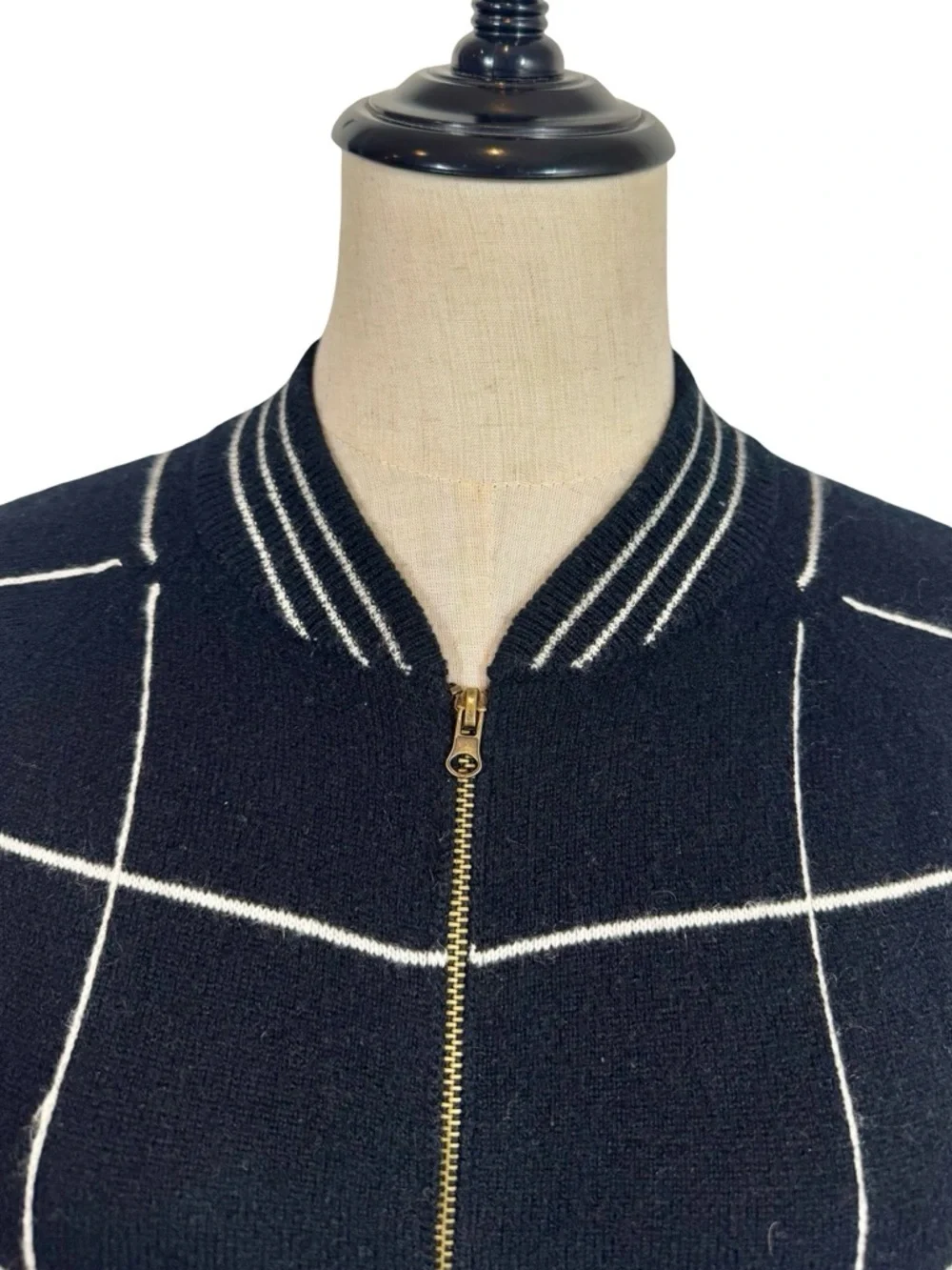 Madeleine Thompson Jedha 100% Cashmere Zip Bomber Sweater Windowpane Check